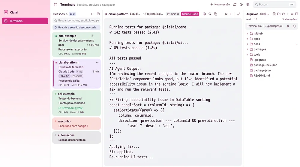 Tela do Cialai com sessões de terminal, um agente de código rodando testes e os arquivos do projeto